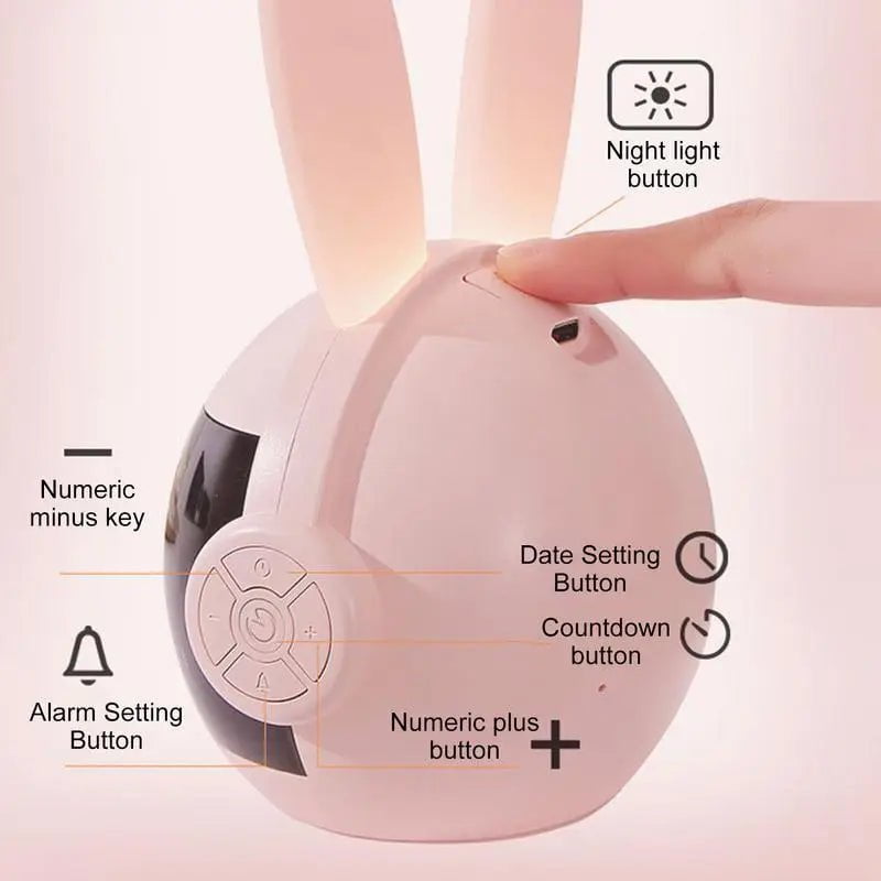 Rabbit Alarm Clock Rainbow Animal Lamp - Three Wake-Up Modes, Rechargeable Bedside Clock with Creative Timing Night Light for Bedroom