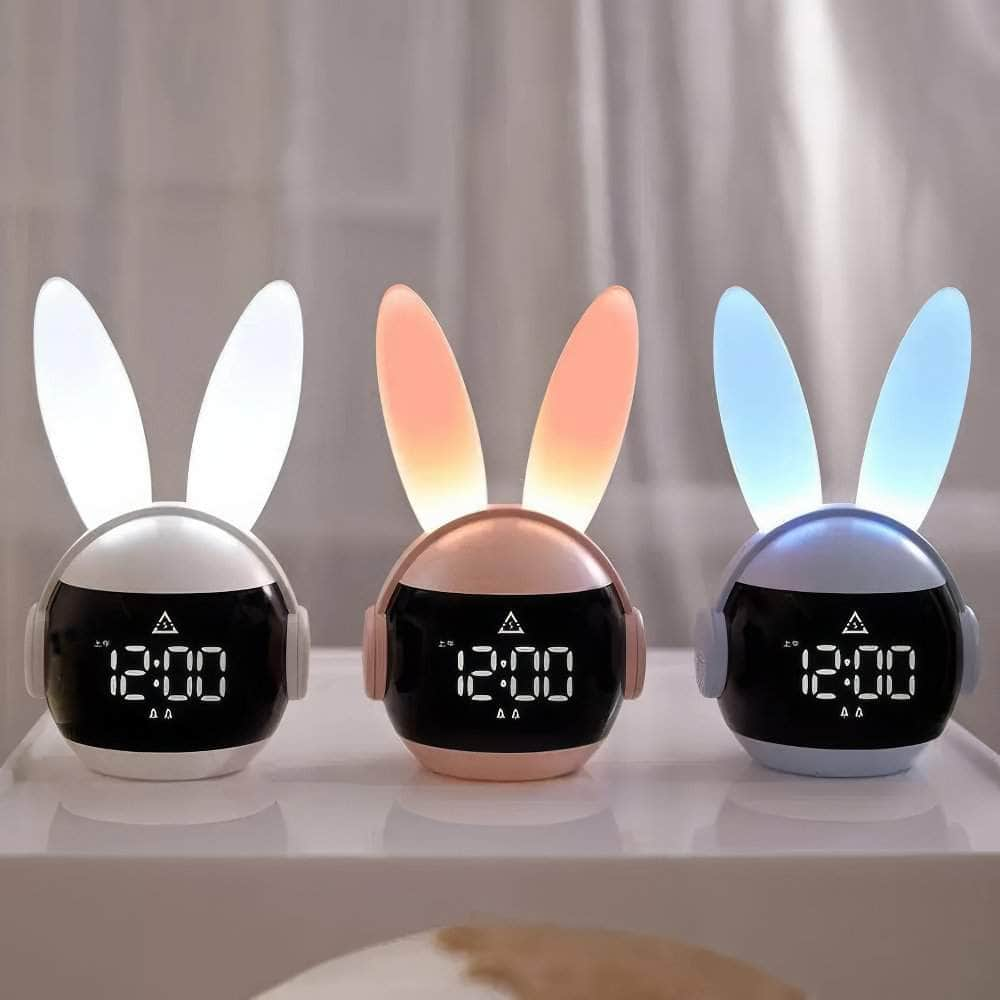 Rabbit Alarm Clock Rainbow Animal Lamp - Three Wake-Up Modes, Rechargeable Bedside Clock with Creative Timing Night Light for Bedroom