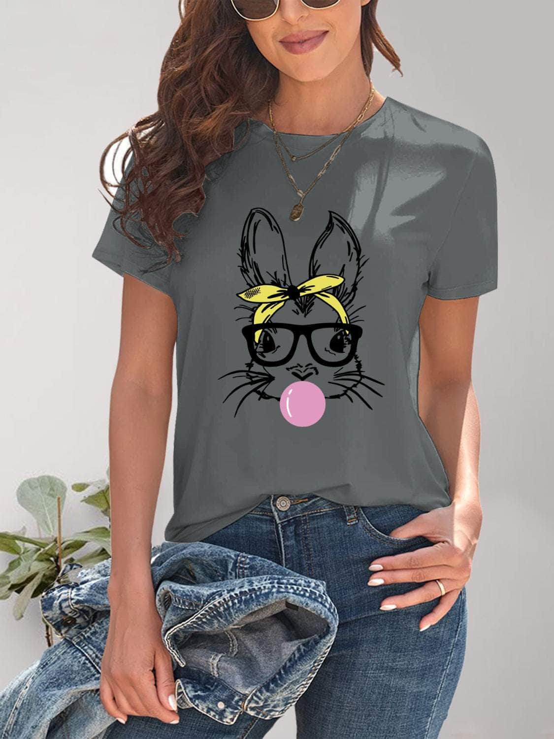 Rabbit Graphic Round Neck Short Sleeve T-Shirt Charcoal / S