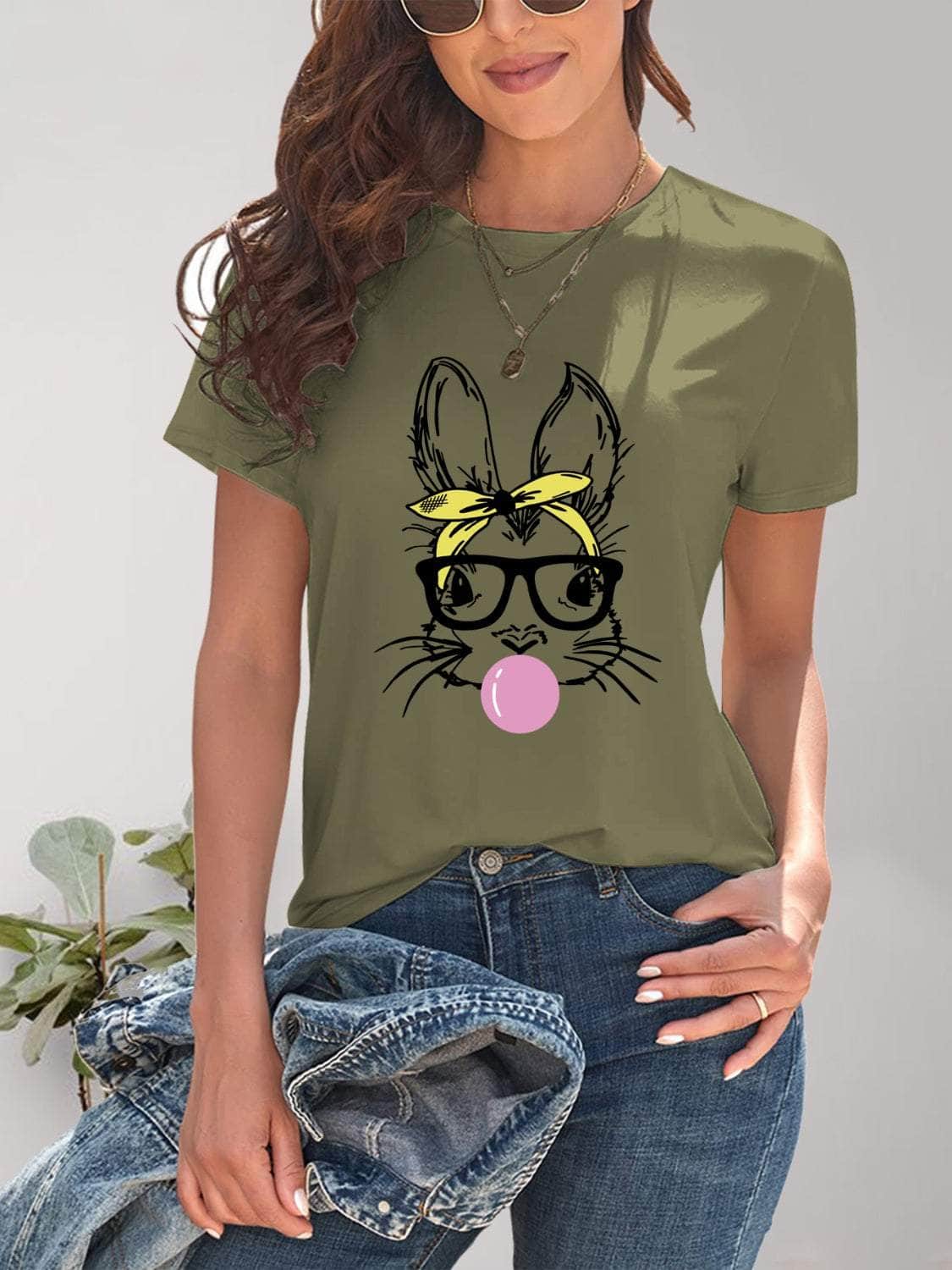 Rabbit Graphic Round Neck Short Sleeve T-Shirt Moss / S