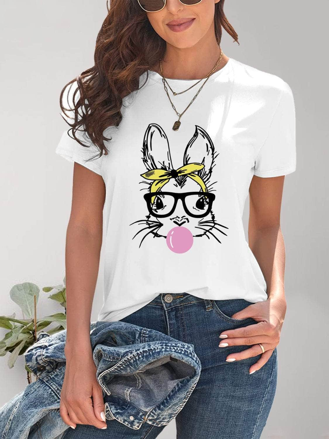 Rabbit Graphic Round Neck Short Sleeve T-Shirt White / S