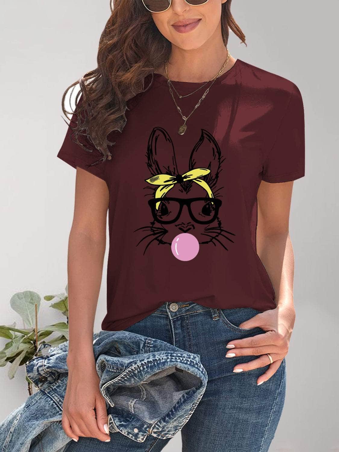 Rabbit Graphic Round Neck Short Sleeve T-Shirt Wine / S