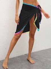 Rainbow Pompom Trim Swim Skirt Black / One Size