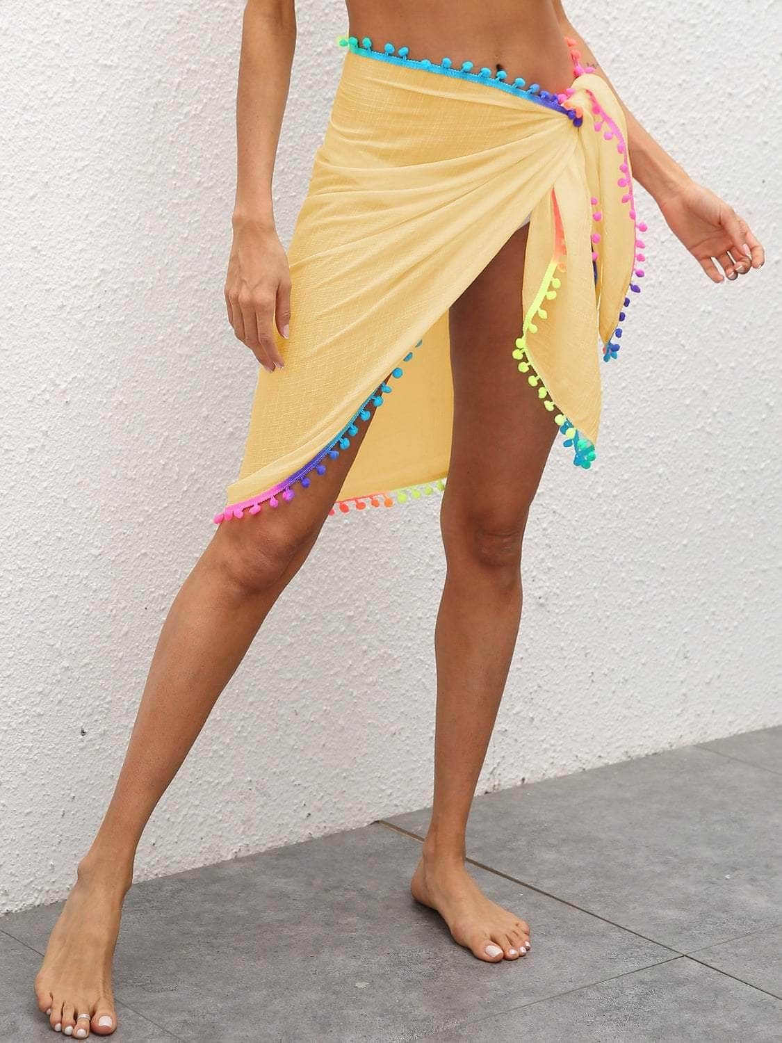 Rainbow Pompom Trim Swim Skirt True Yellow / One Size