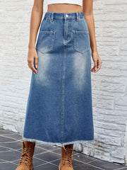 Raw Hem Buttoned Denim Skirt with Pockets Dusty  Blue / S