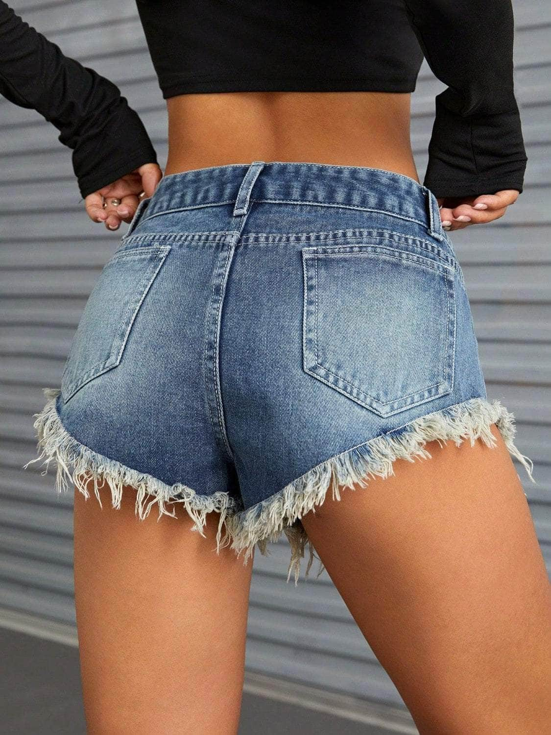 Raw Hem Denim Shorts with Pockets