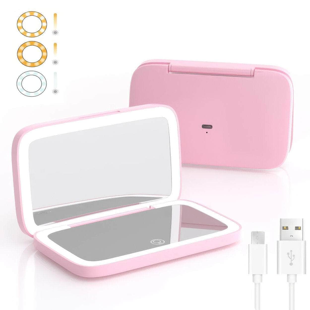 Rechargeable LED Makeup Mirror with 5X Magnification, Compact Pocket Travel Design, Dual-Sided for Aesthetic Vanity, Cosmetic Tools 1PCS Pink