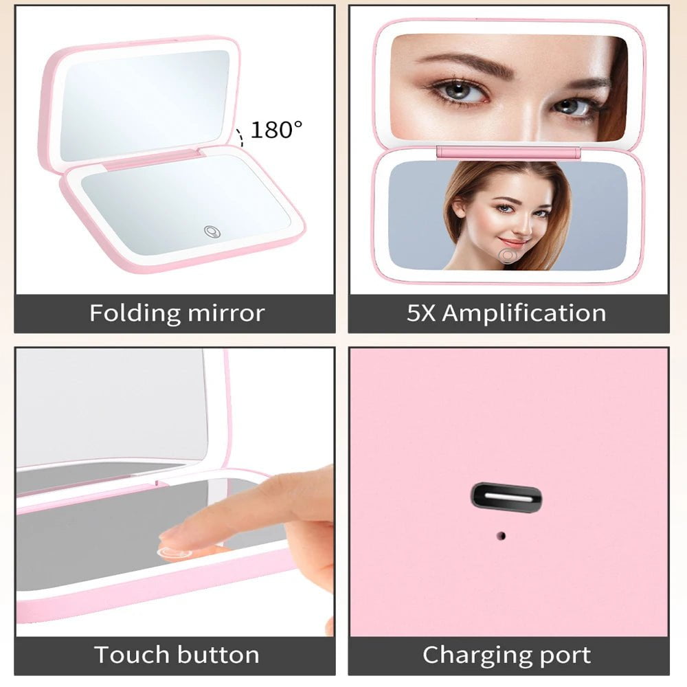 Rechargeable LED Makeup Mirror with 5X Magnification, Compact Pocket Travel Design, Dual-Sided for Aesthetic Vanity, Cosmetic Tools