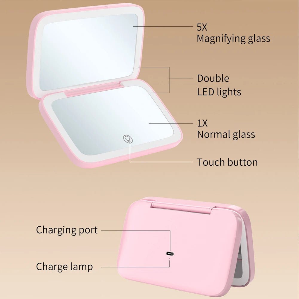 Rechargeable LED Makeup Mirror with 5X Magnification, Compact Pocket Travel Design, Dual-Sided for Aesthetic Vanity, Cosmetic Tools