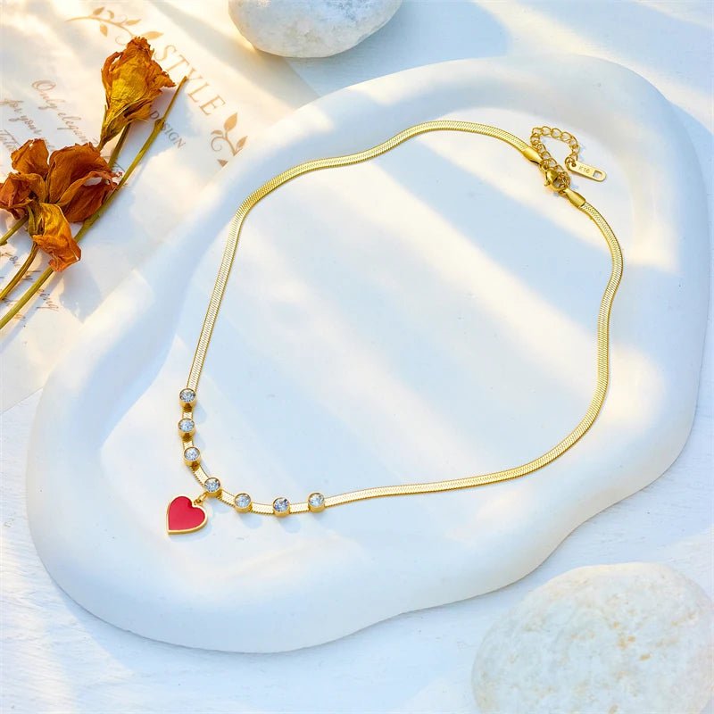 Red Heart Pendant Necklace - Women's Fashionable Zircon Flat Snake Chain, Non-fading Jewelry Gift N2069