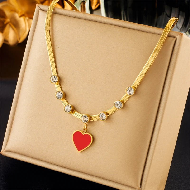 Red Heart Pendant Necklace - Women's Fashionable Zircon Flat Snake Chain, Non-fading Jewelry Gift N2069