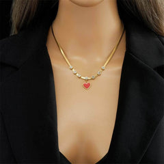 Red Heart Pendant Necklace - Women's Fashionable Zircon Flat Snake Chain, Non-fading Jewelry Gift N2069