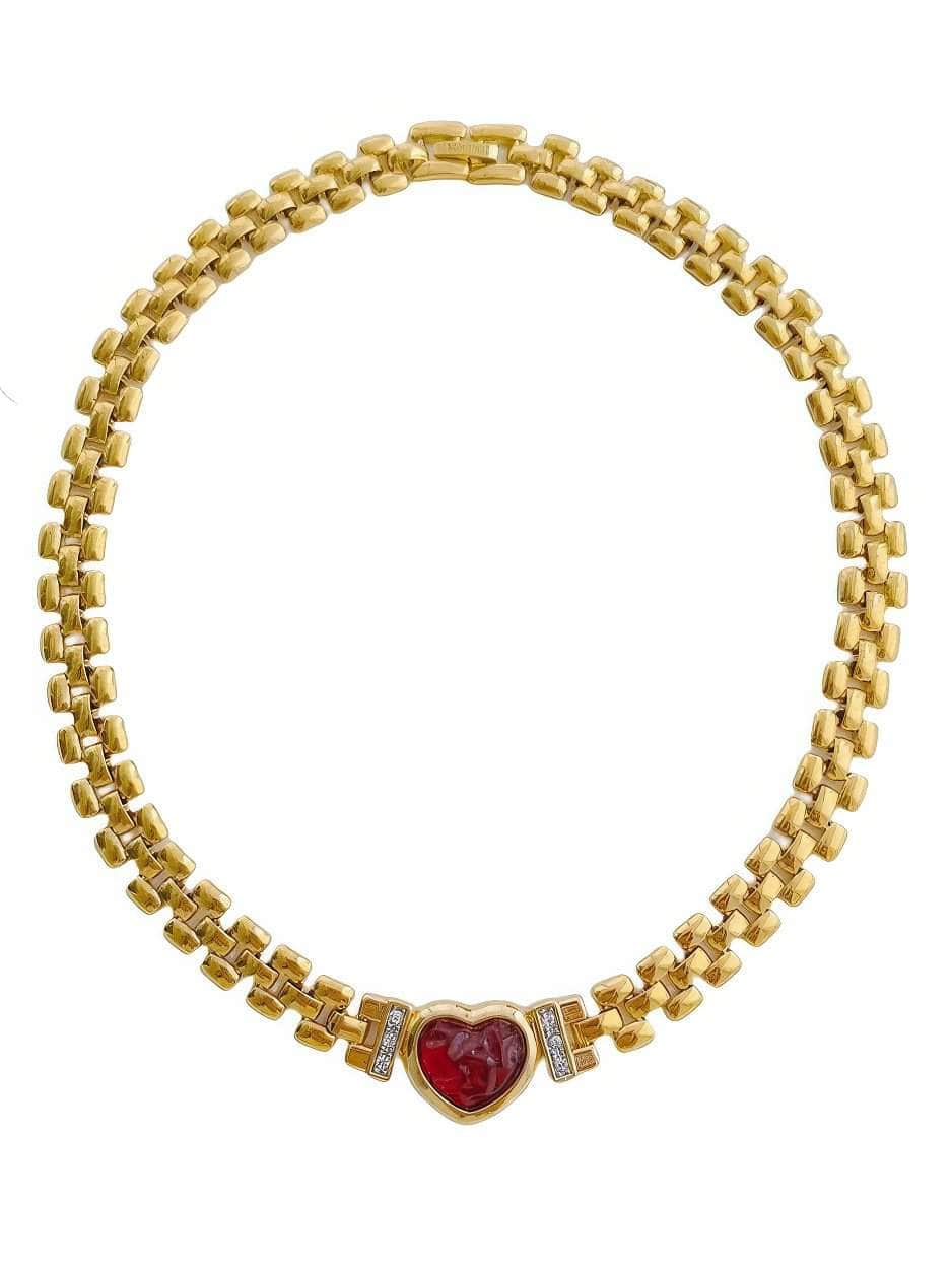 Red Heart Pendant Thick Gold Link Chain Statement Necklace Red