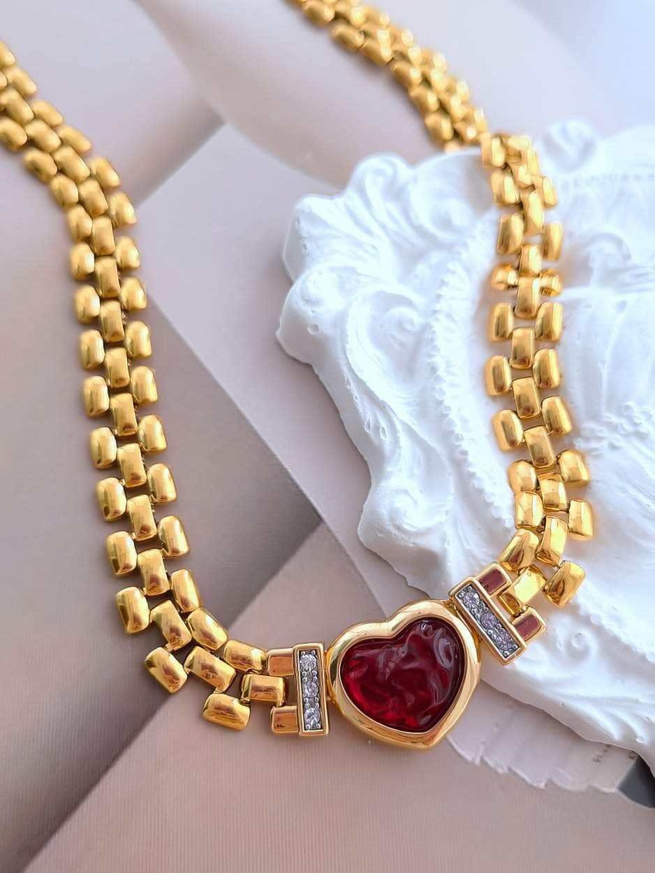 Red Heart Pendant Thick Gold Link Chain Statement Necklace Red