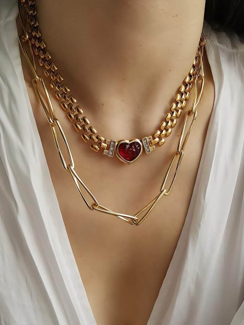 Red Heart Pendant Thick Gold Link Chain Statement Necklace Red