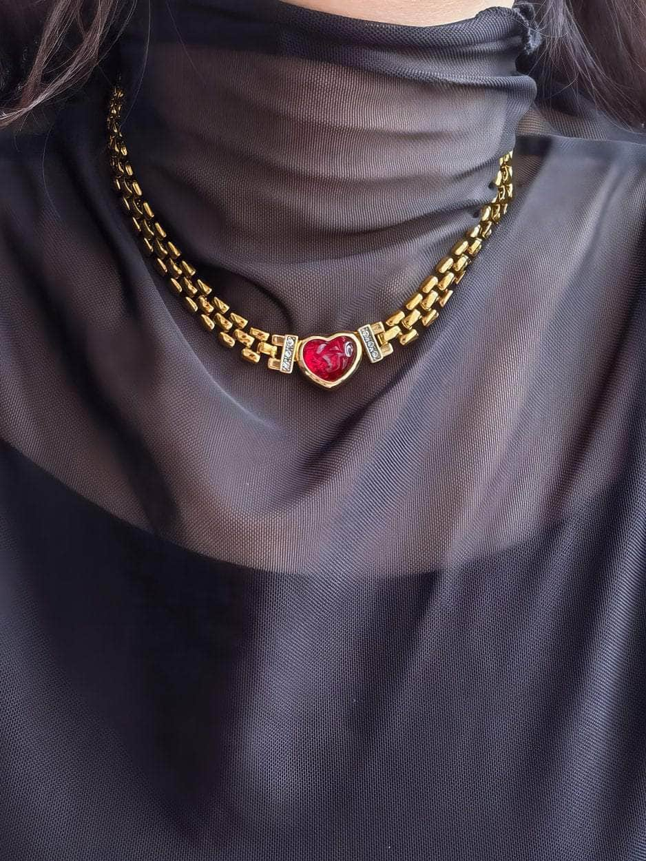 Red Heart Pendant Thick Gold Link Chain Statement Necklace Red