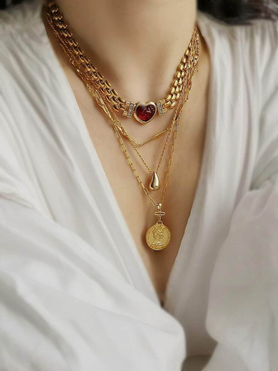 Red Heart Pendant Thick Gold Link Chain Statement Necklace Red