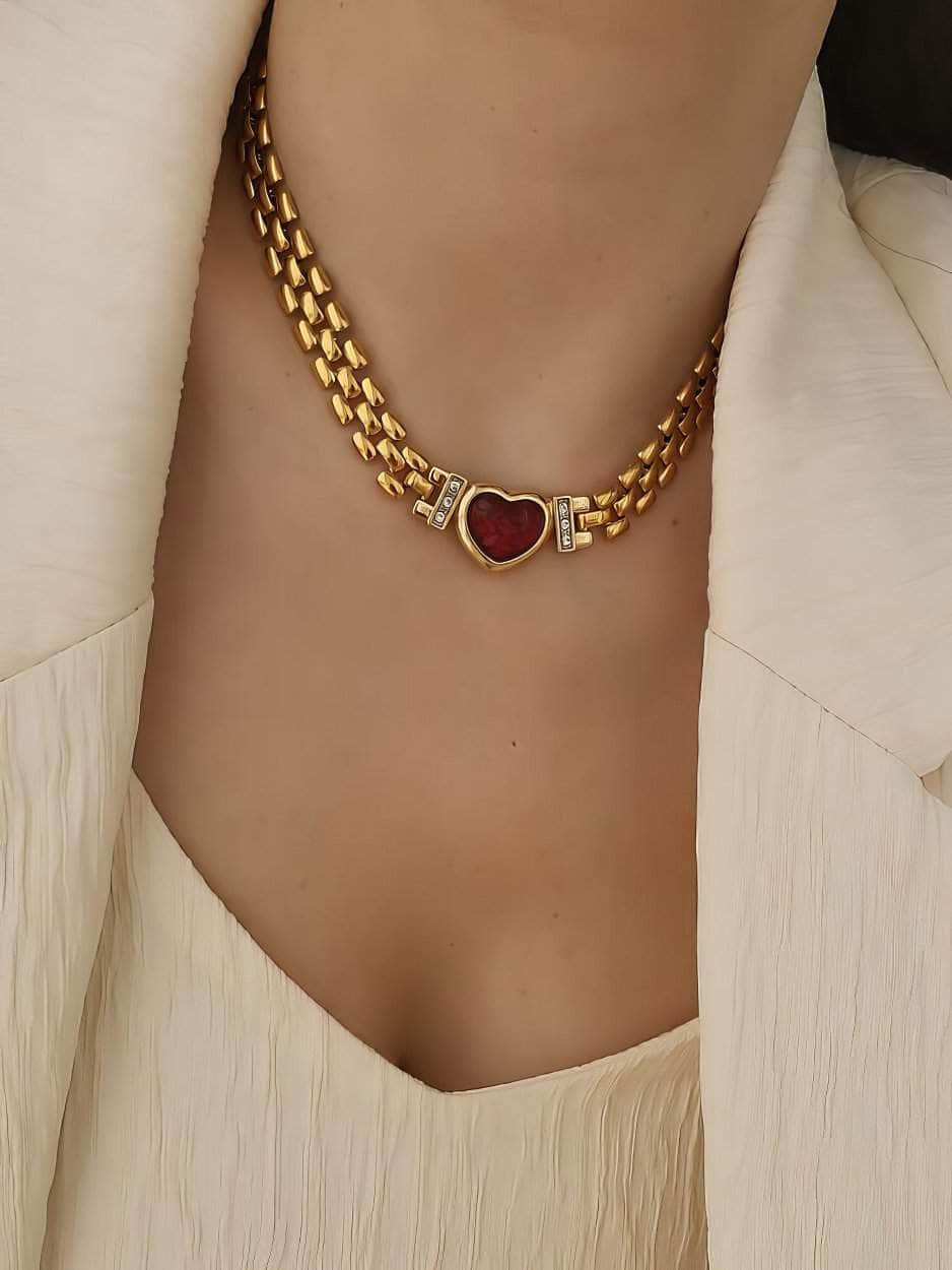 Red Heart Pendant Thick Gold Link Chain Statement Necklace Red