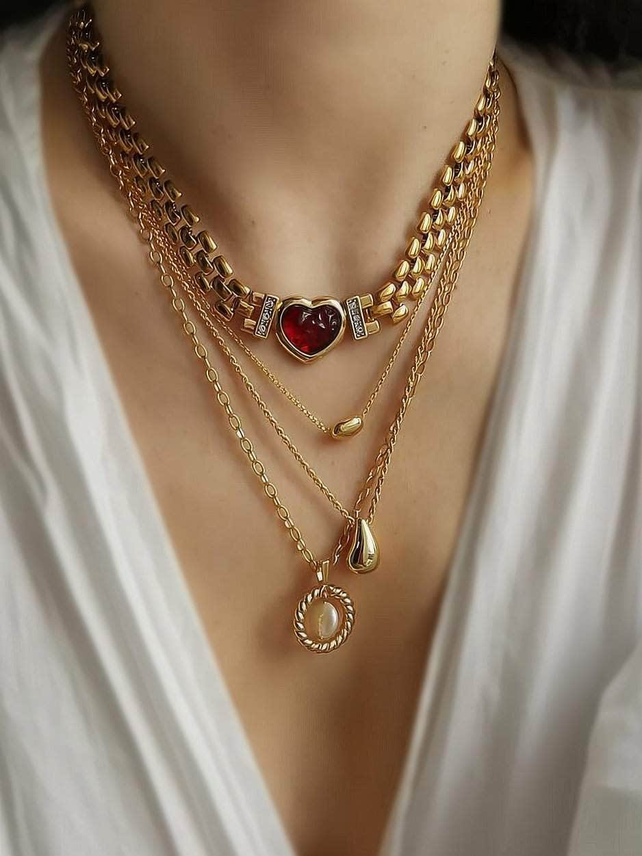 Red Heart Pendant Thick Gold Link Chain Statement Necklace Red