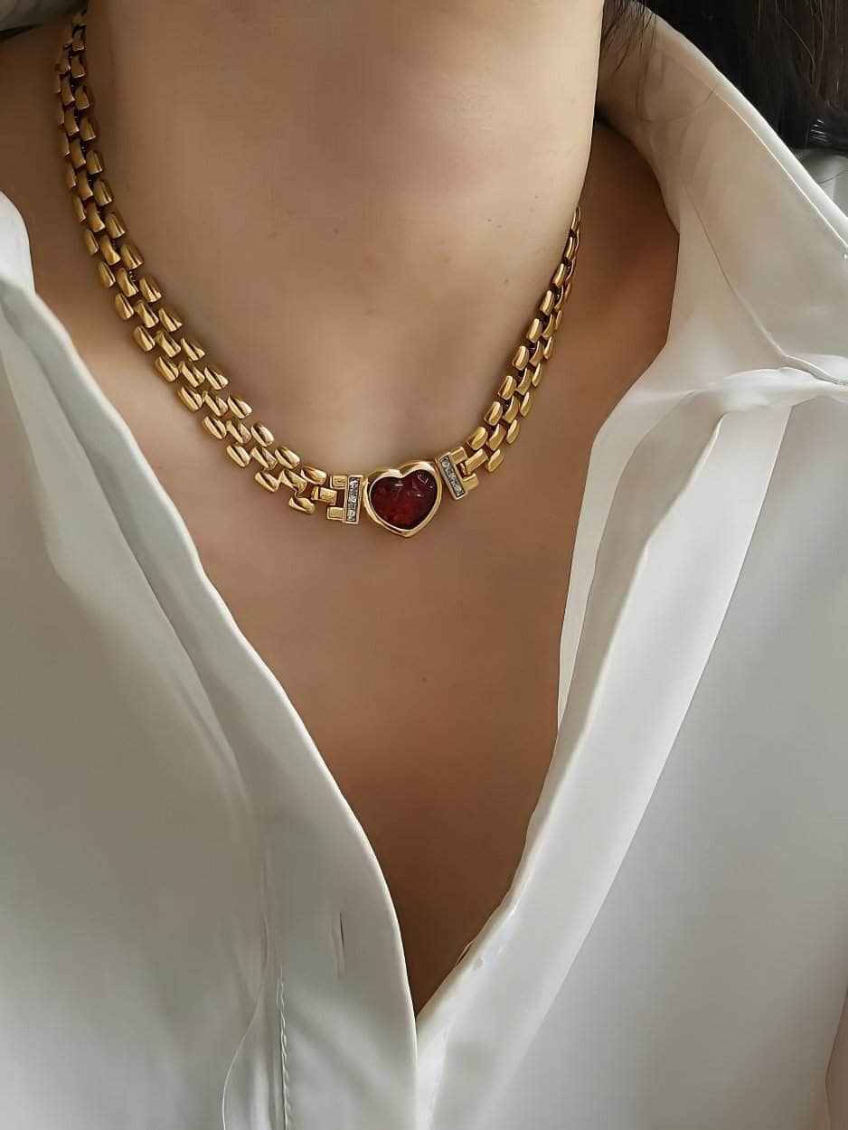 Red Heart Pendant Thick Gold Link Chain Statement Necklace Red