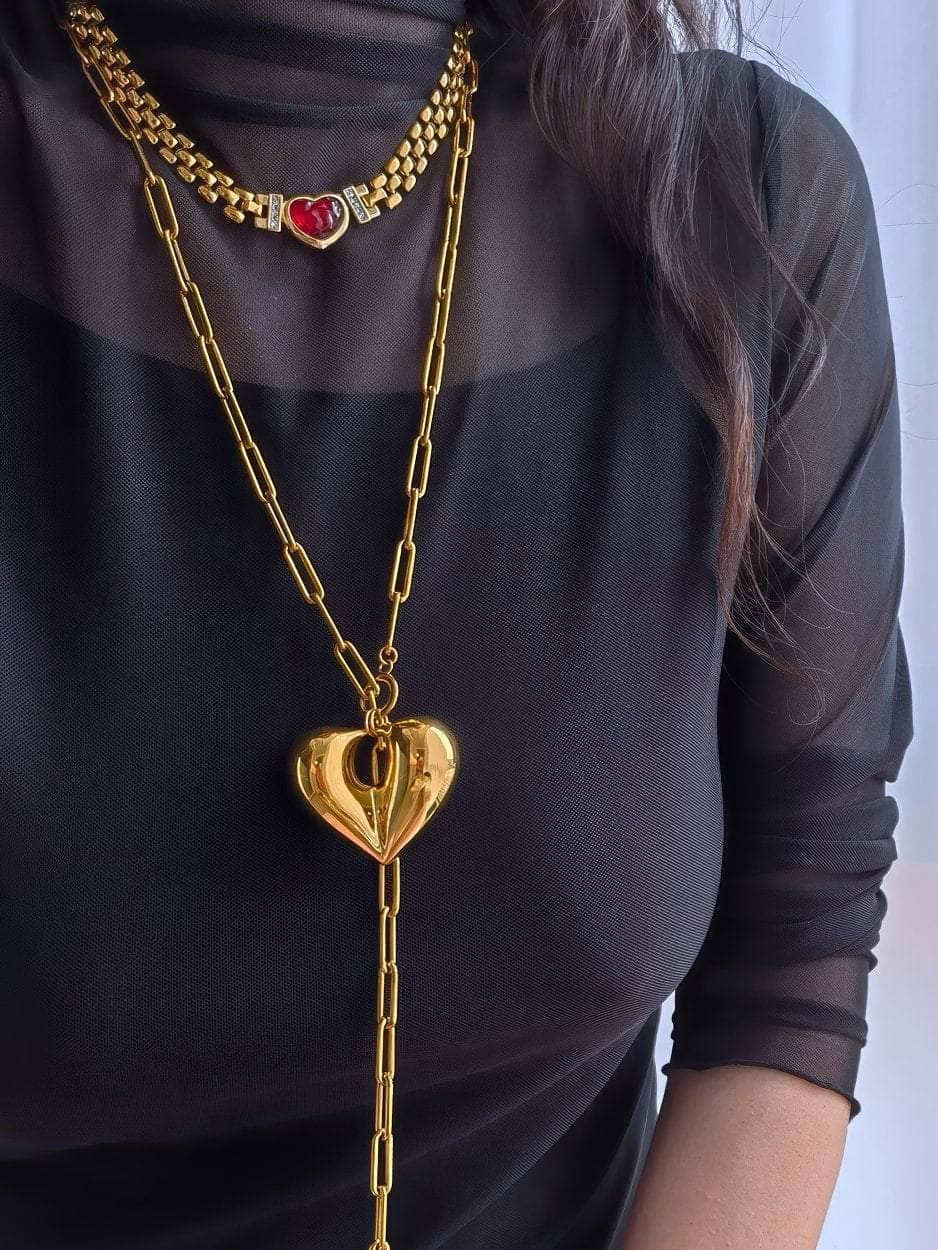 Red Heart Pendant Thick Gold Link Chain Statement Necklace Red