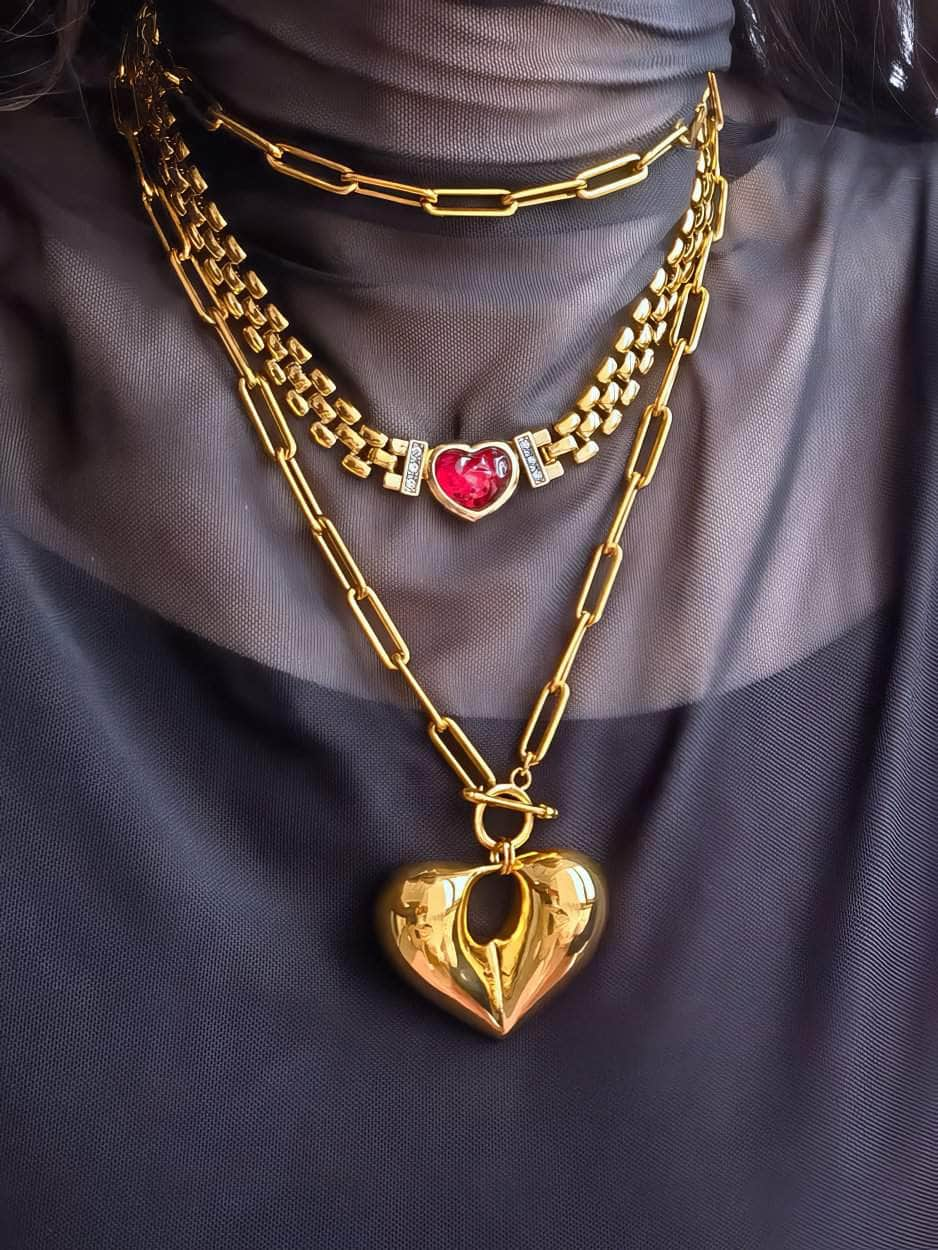 Red Heart Pendant Thick Gold Link Chain Statement Necklace Red