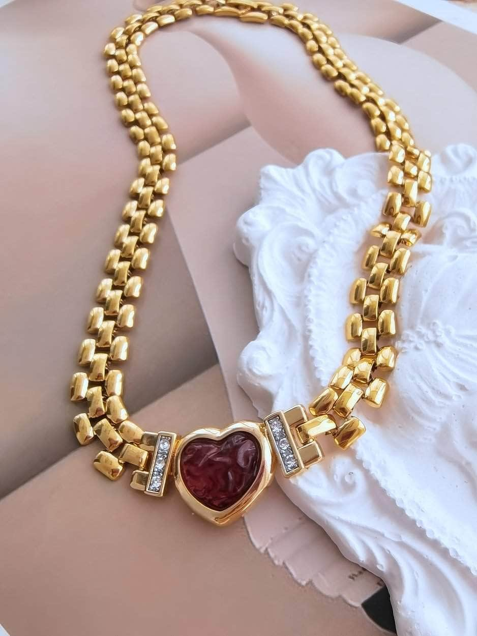 Red Heart Pendant Thick Gold Link Chain Statement Necklace Red