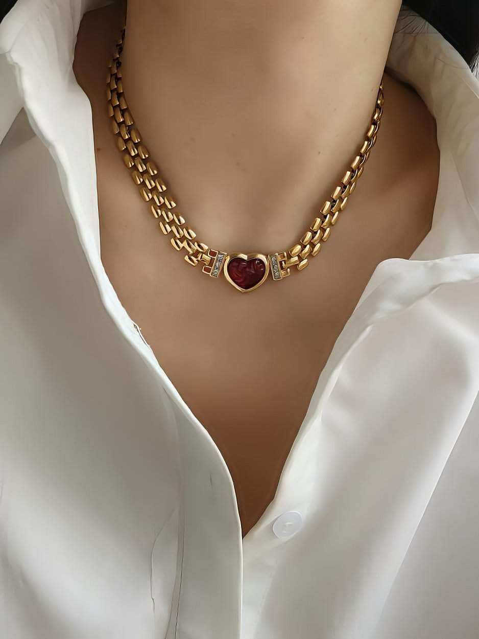 Red Heart Pendant Thick Gold Link Chain Statement Necklace Red