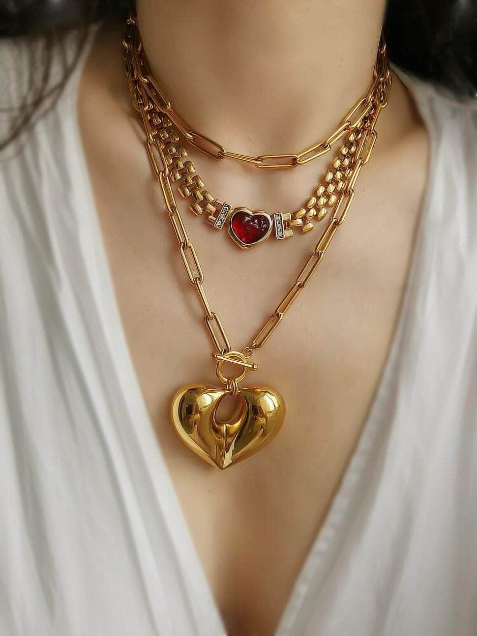 Red Heart Pendant Thick Gold Link Chain Statement Necklace Red