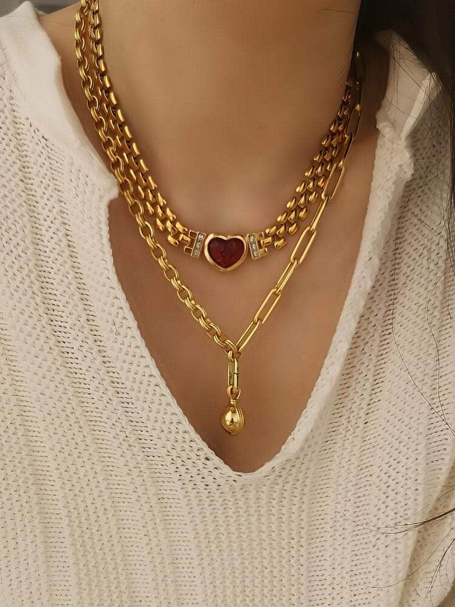 Red Heart Pendant Thick Gold Link Chain Statement Necklace Red