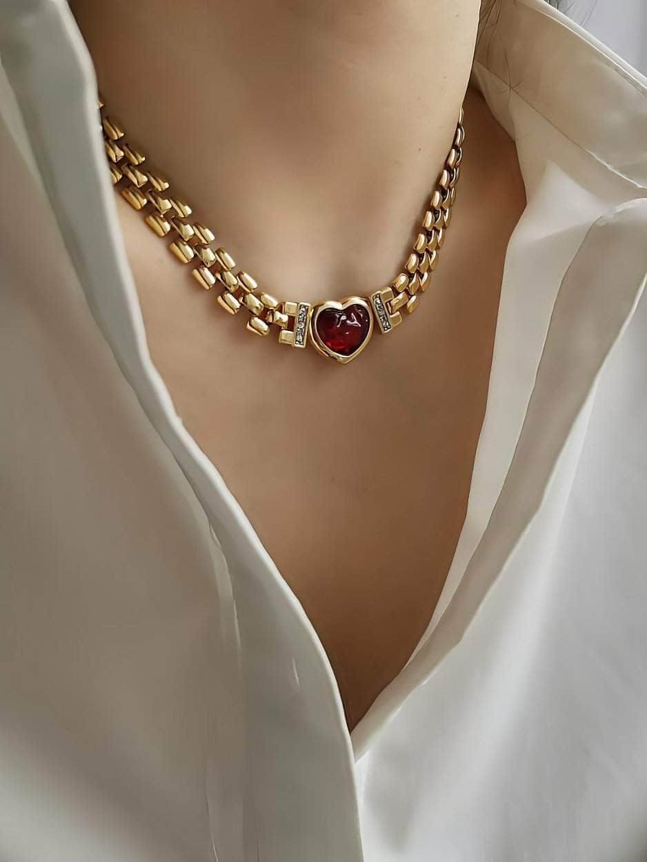 Red Heart Pendant Thick Gold Link Chain Statement Necklace Red