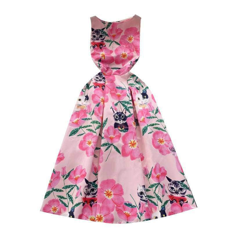 Renaissance Floral Print Vintage Pleated Hem Dress