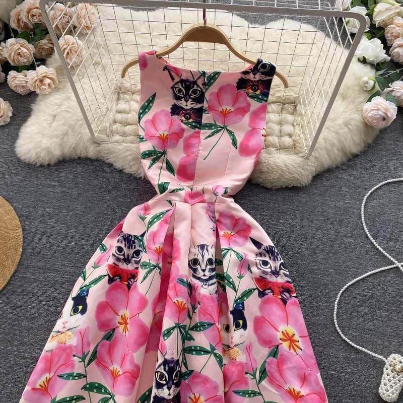 Renaissance Floral Print Vintage Pleated Hem Dress