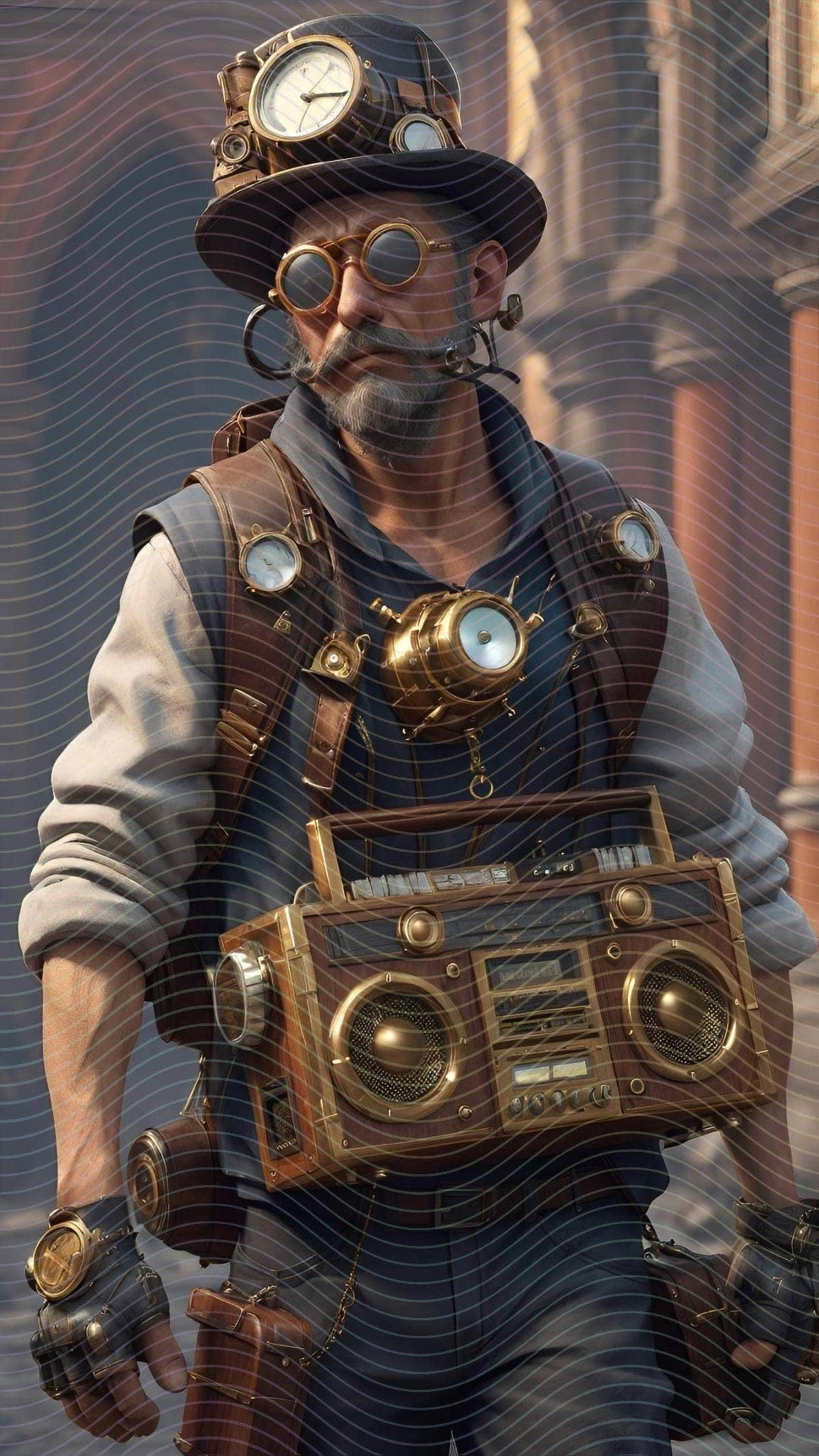 Renaissance Man Carrying A Steampunk Boombox