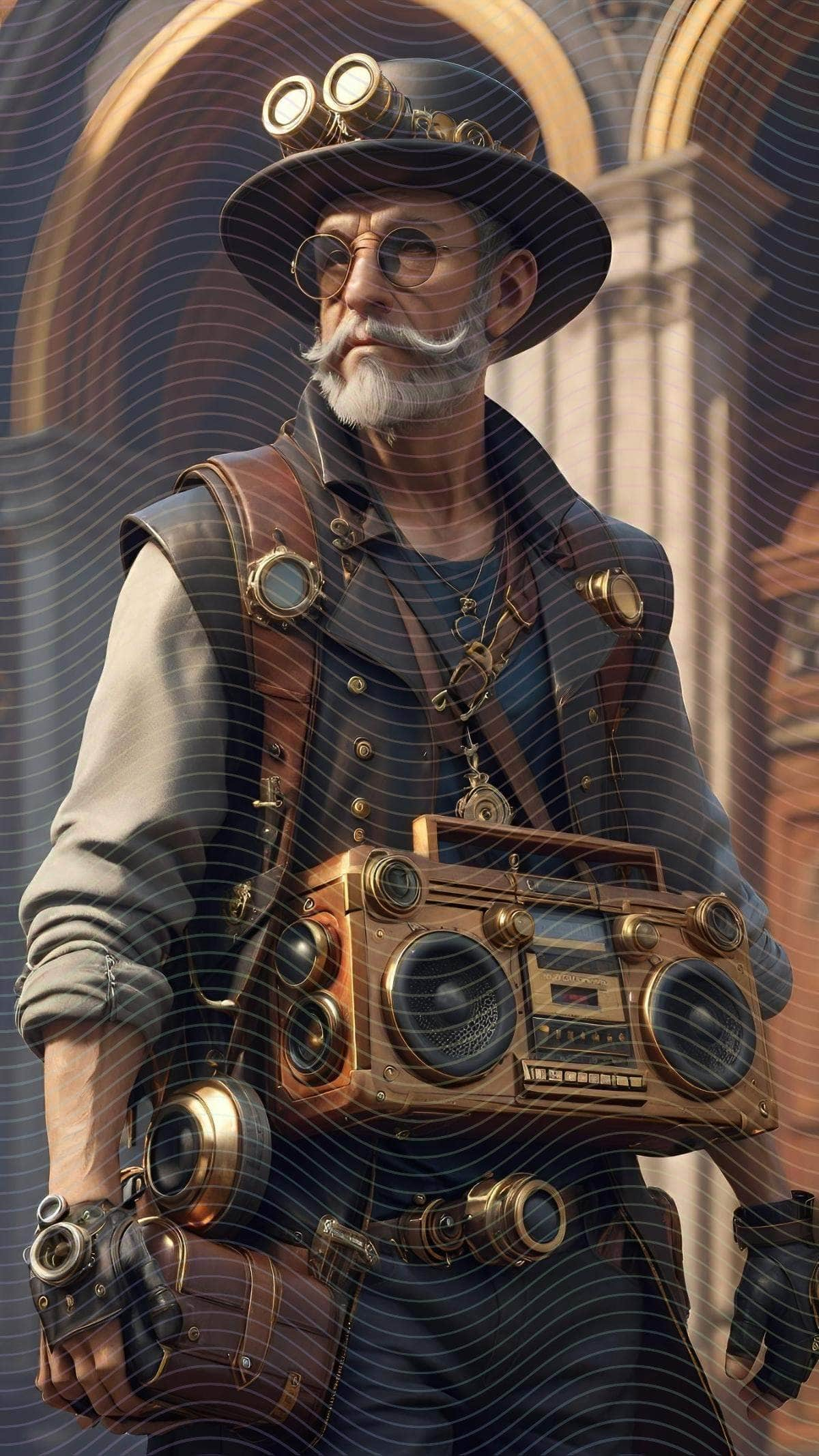 Renaissance Man Carrying A Steampunk Boombox