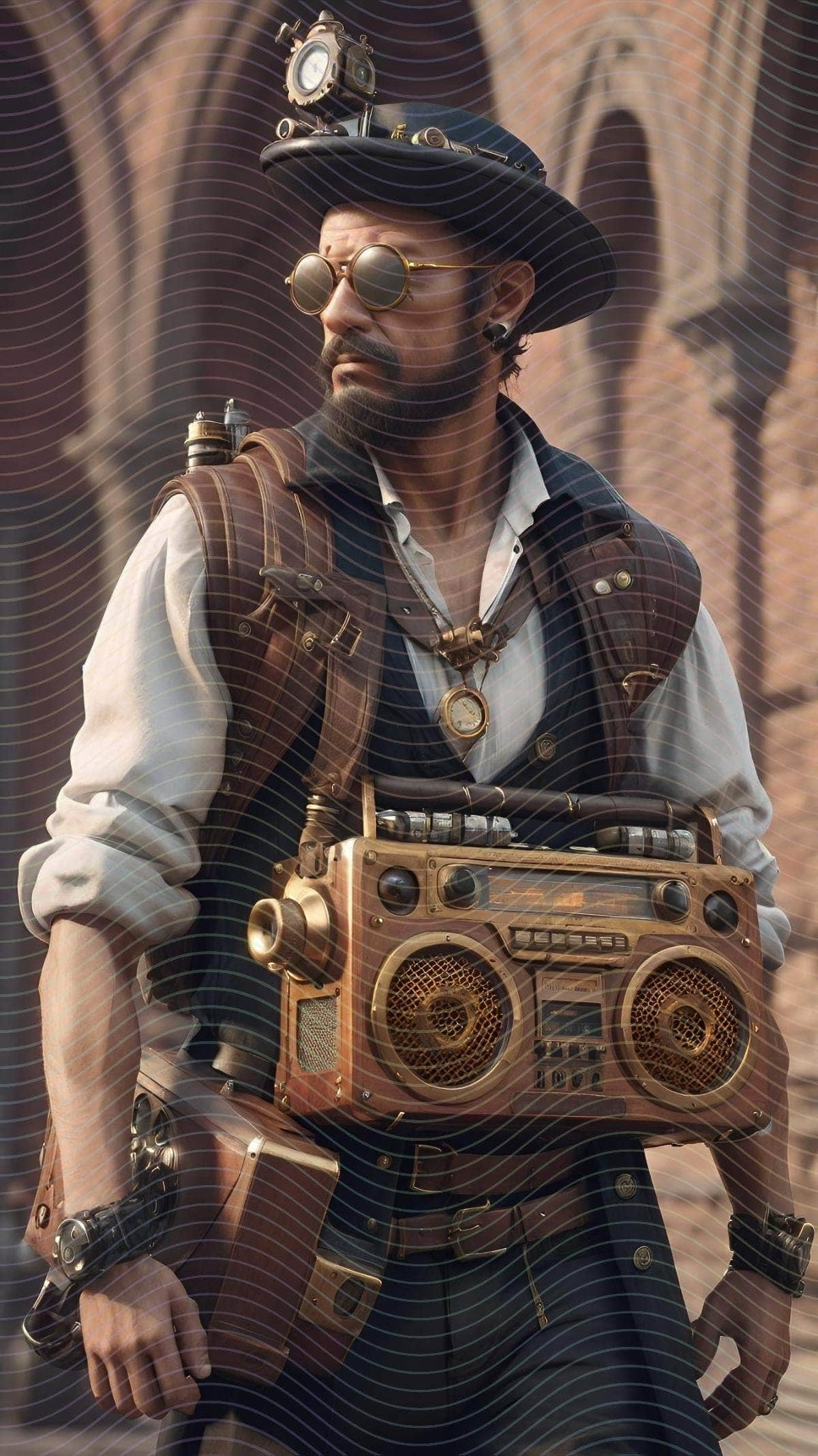 Renaissance Man Carrying A Steampunk Boombox