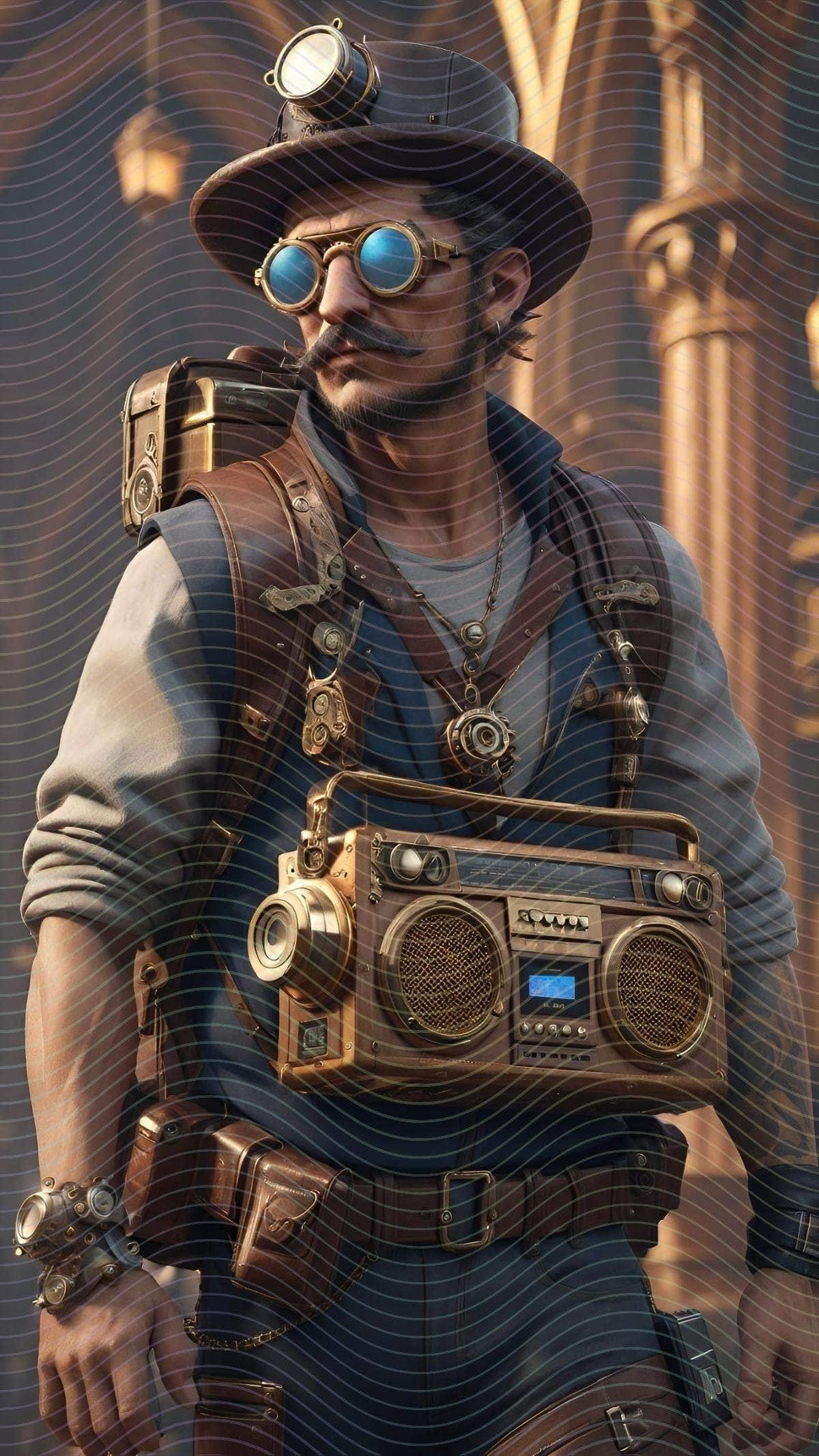 Renaissance Man Carrying A Steampunk Boombox