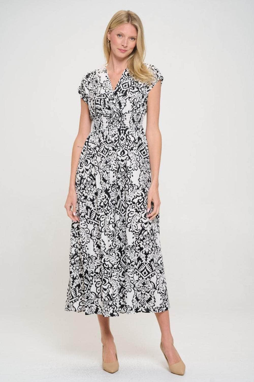 RENEE C Printed Smocked Waist Maxi Dress Black / S