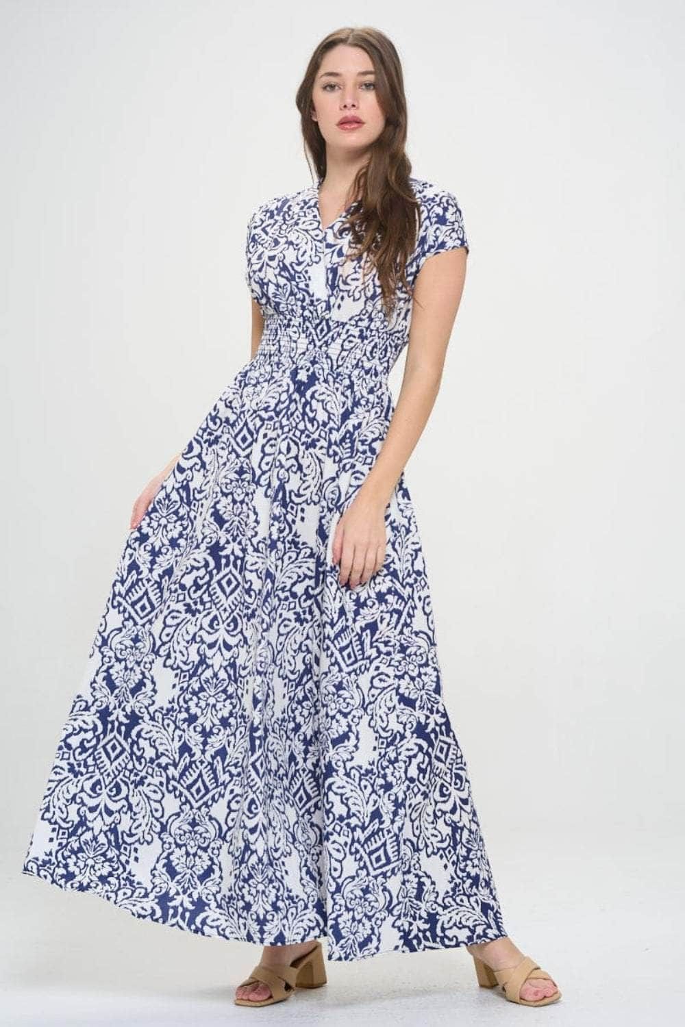 RENEE C Printed Smocked Waist Maxi Dress Navy / S