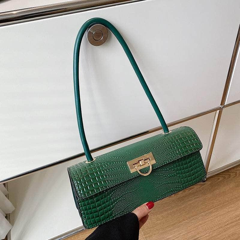 Retro Crocodile Armpit Purse with Top Handle Green