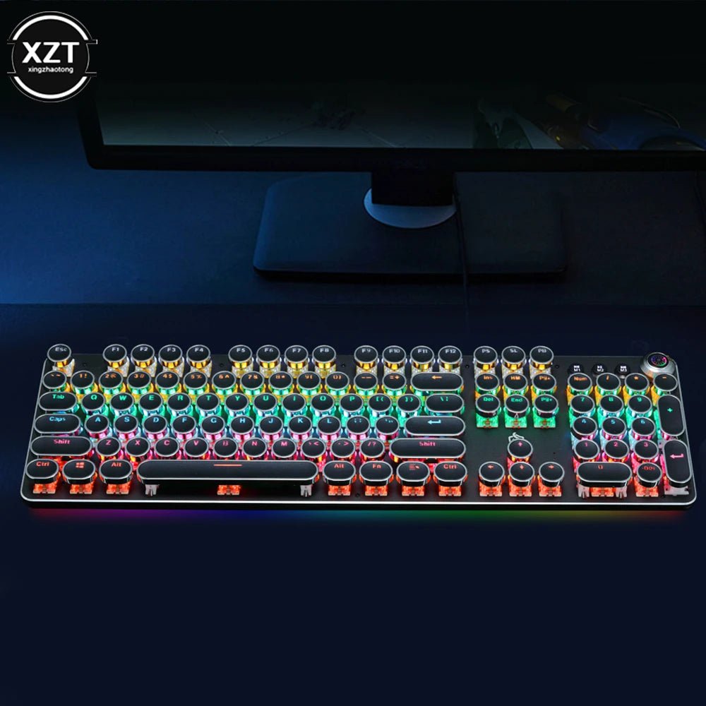 Retro Punk Gaming Mechanical Keyboard - USB Wired, LED, 23 RGB Backlit Modes, Green Axis, 104 Keys, Full Keypad for Computer Game