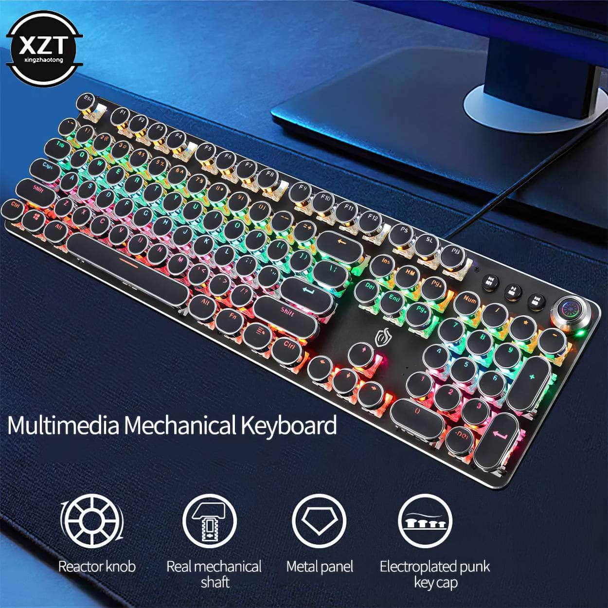 Retro Punk Gaming Mechanical Keyboard - USB Wired, LED, 23 RGB Backlit Modes, Green Axis, 104 Keys, Full Keypad for Computer Game