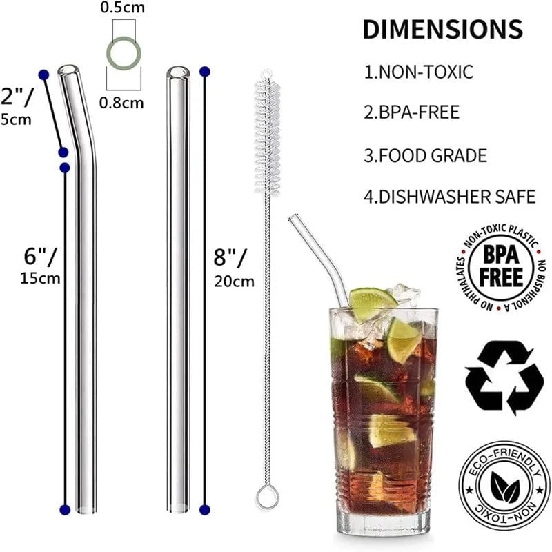 Reusable Glass Straws - Eco-friendly Drinking Straws for Smoothies, Milkshakes, Tea, Juice, Cocktails - Multi-Color Mixed Set with Brush