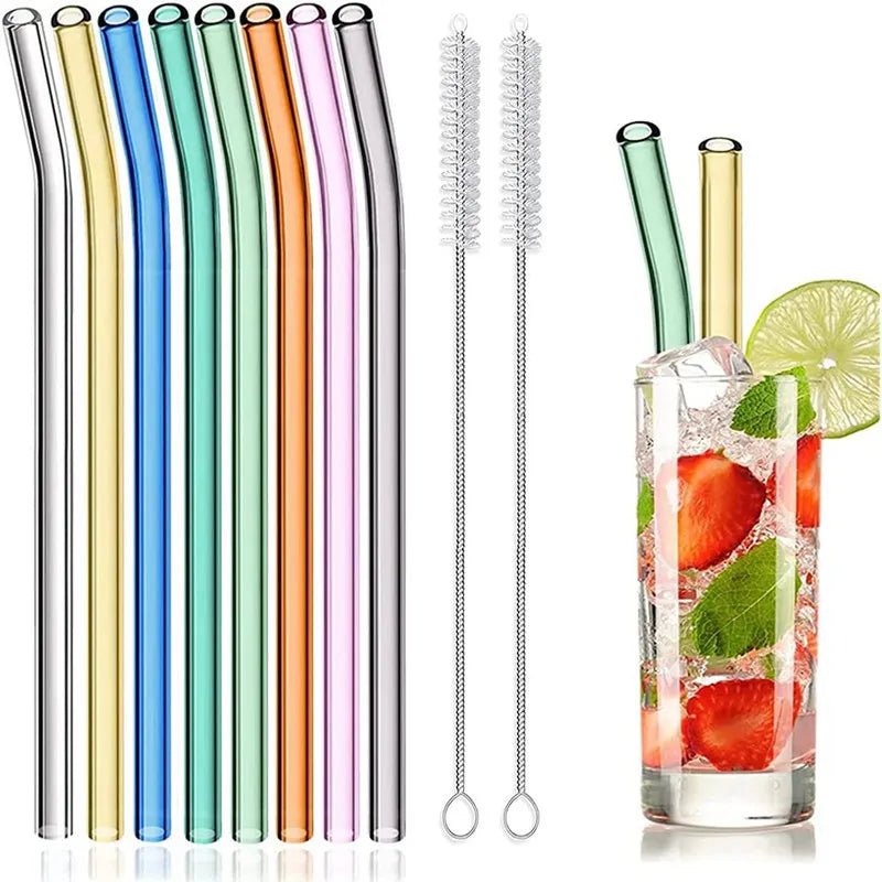 Reusable Glass Straws - Eco-friendly Drinking Straws for Smoothies, Milkshakes, Tea, Juice, Cocktails - Multi-Color Mixed Set with Brush 8-bent-mix