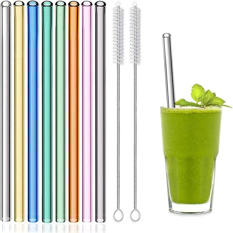 Reusable Glass Straws - Eco-friendly Drinking Straws for Smoothies, Milkshakes, Tea, Juice, Cocktails - Multi-Color Mixed Set with Brush 8-straight -mix