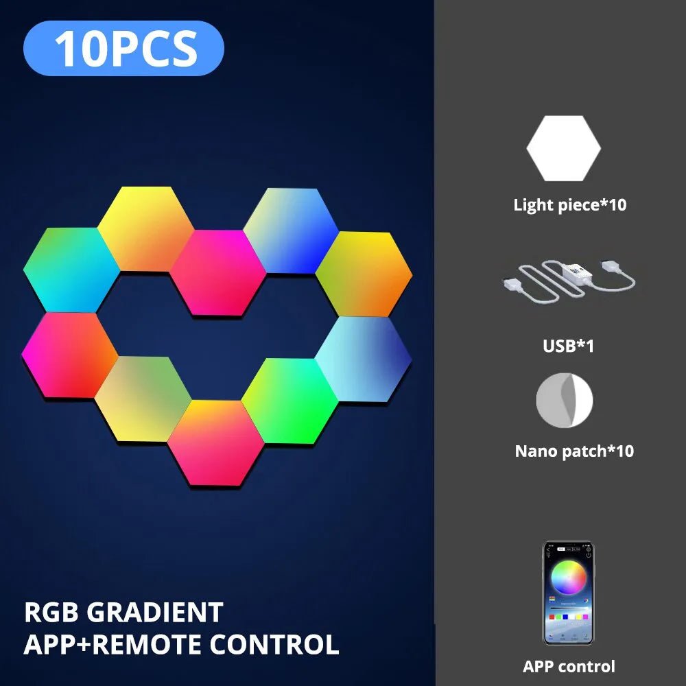 RGB Hexagonal Wall Lamp - Color-changing Night Light with Music Sync, DIY Shape, and APP Control for Game Room & Bedroom 10pcs / BT Wireless