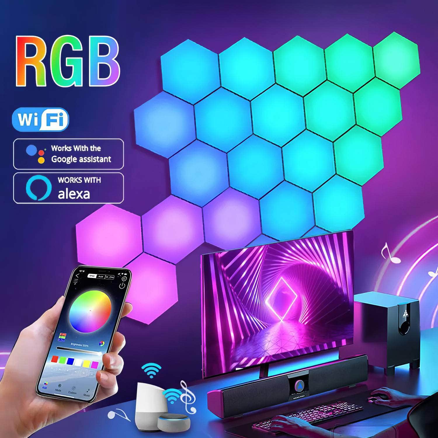 RGB Hexagonal Wall Lamp - Color-changing Night Light with Music Sync, DIY Shape, and APP Control for Game Room & Bedroom