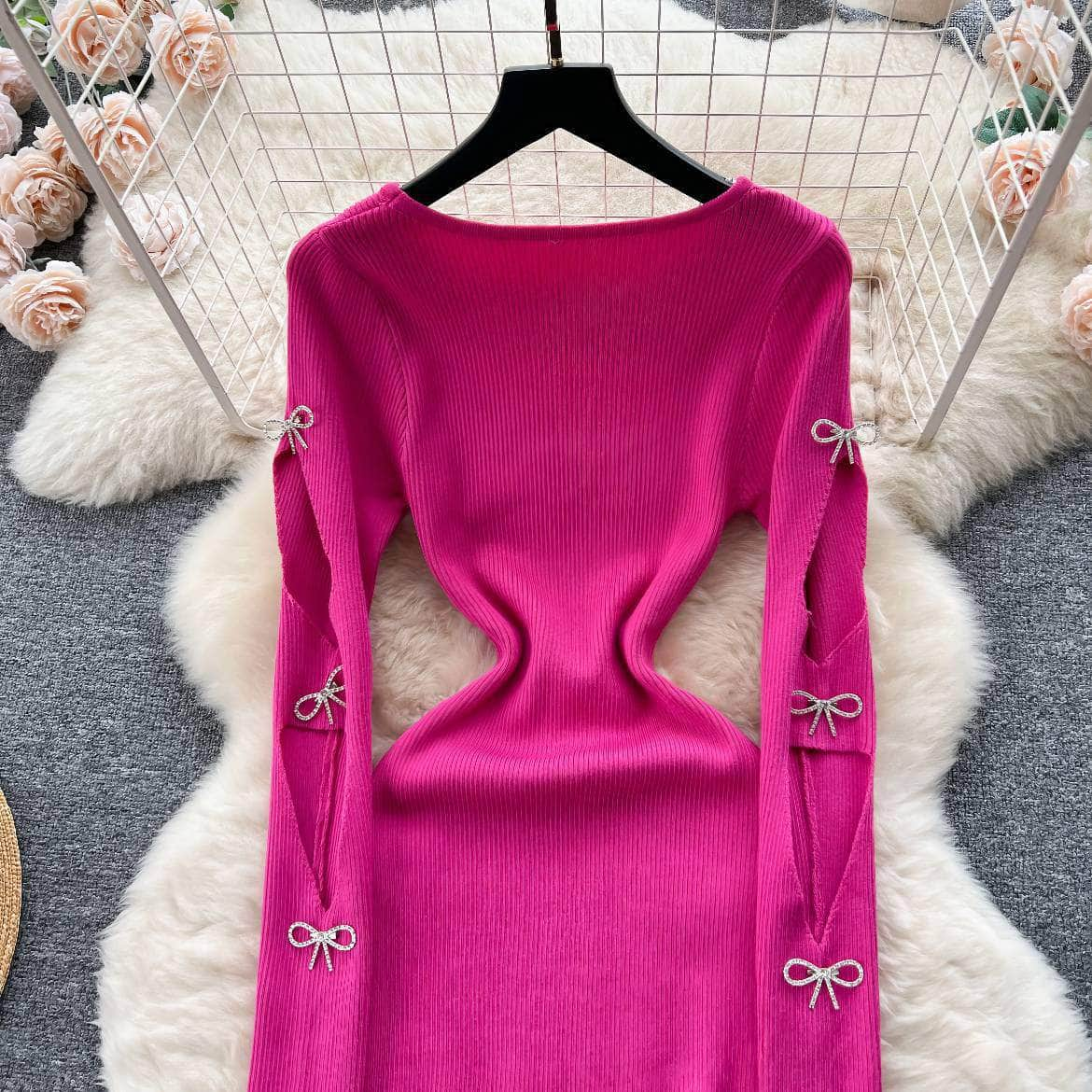 Rhinestone Bow Cut Out Detail Knitted Sweater Dress