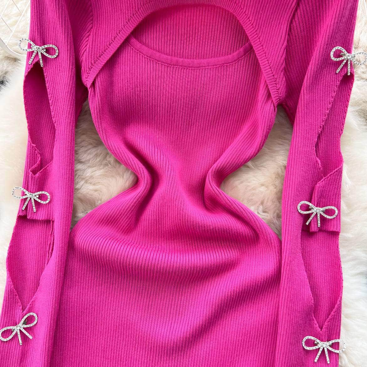 Rhinestone Bow Cut Out Detail Knitted Sweater Dress