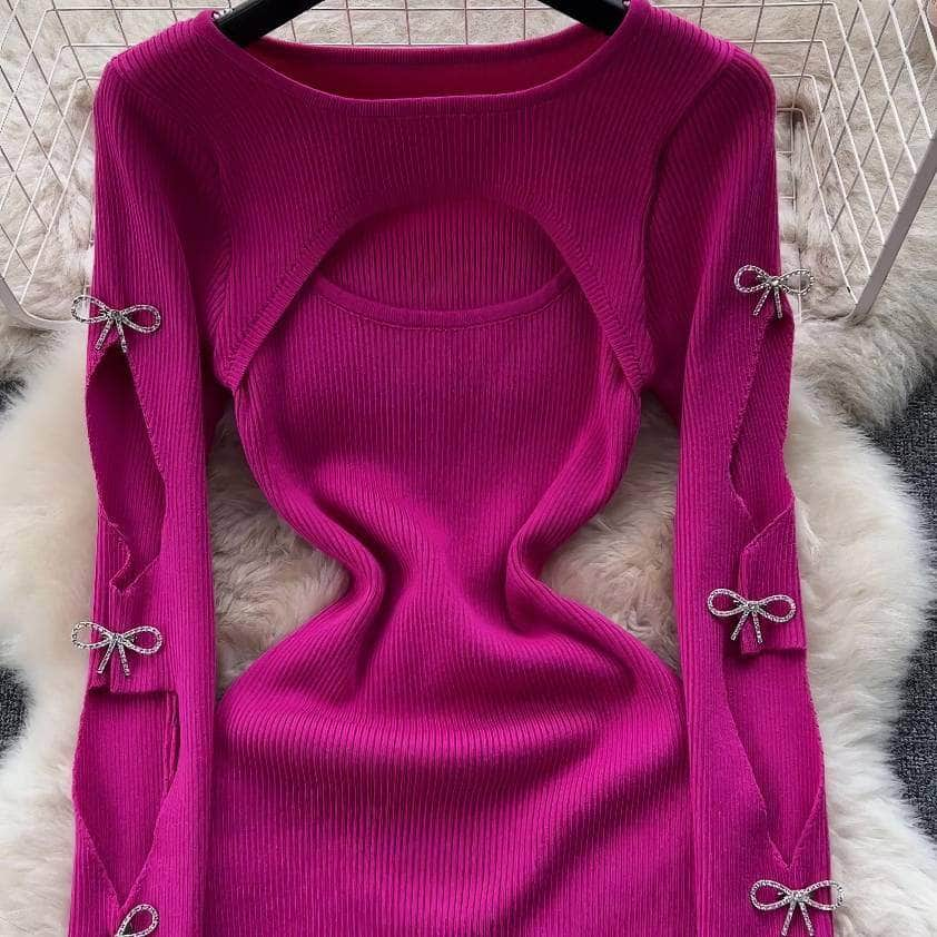 Rhinestone Bow Cut Out Detail Knitted Sweater Dress